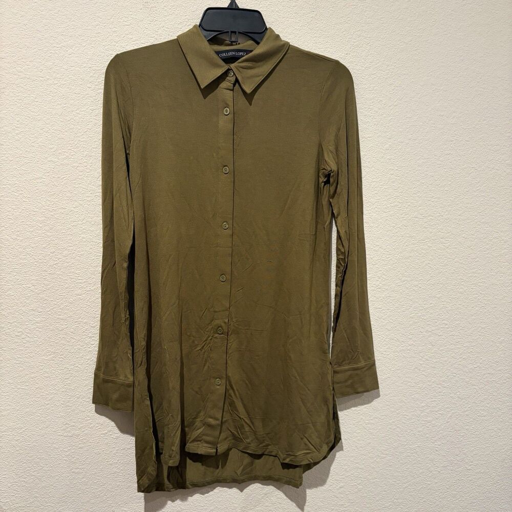 NWOT Colleen Lopez Women Long Sleeve Button Down Collared Shirt Army Green XS
